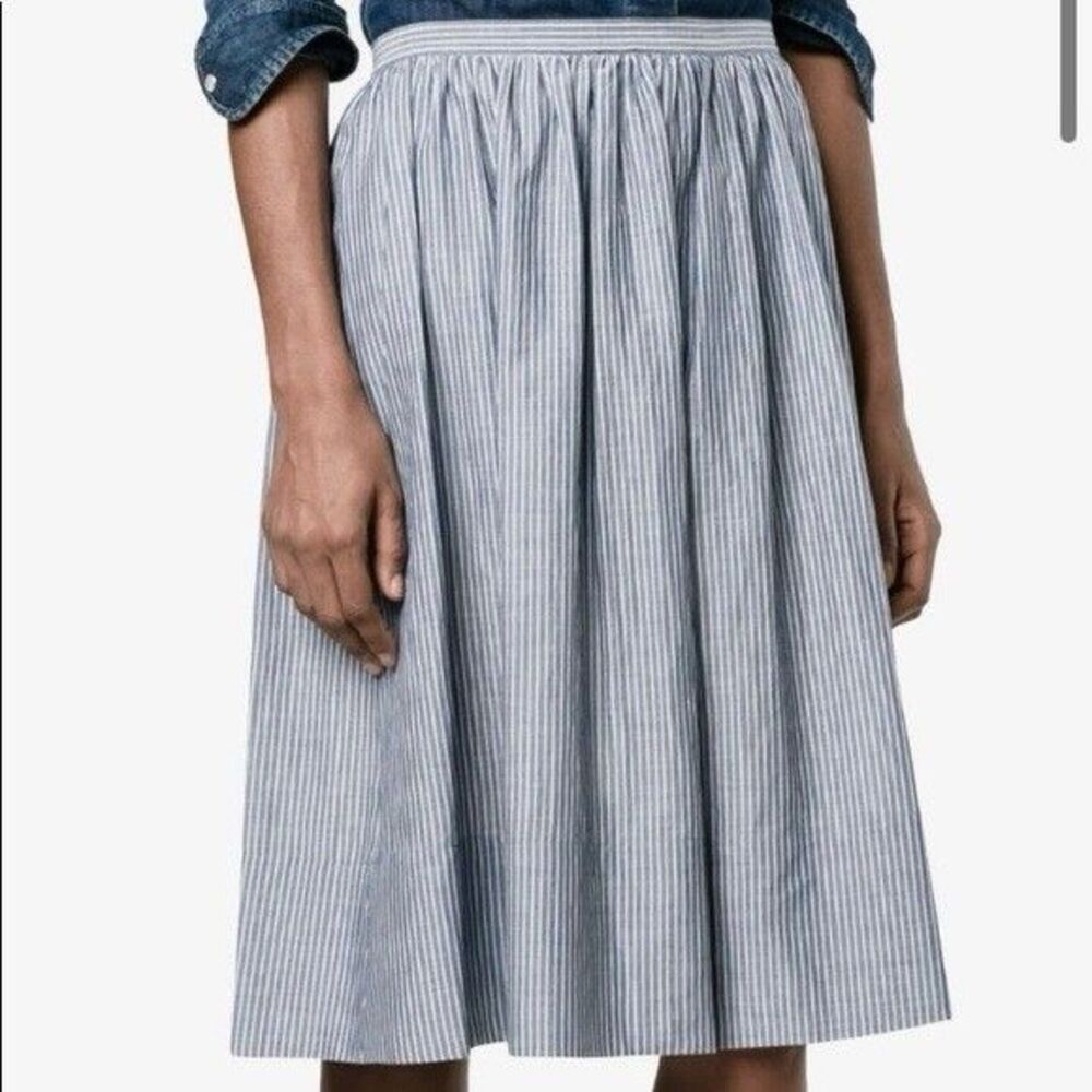 VINCE Women’s Size  Small Blue Stripe Gathered Midi Skirt Side Pockets Costal
